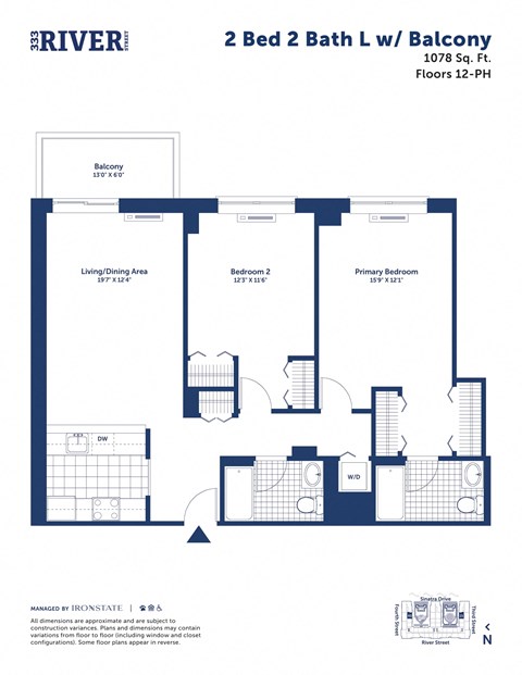 Floor plan for 2 beds, 2 baths, 1078 sqft